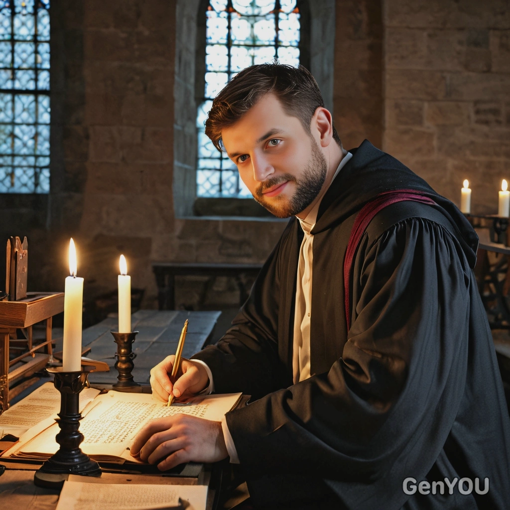 A medieval scholar in a candlelit scriptorium