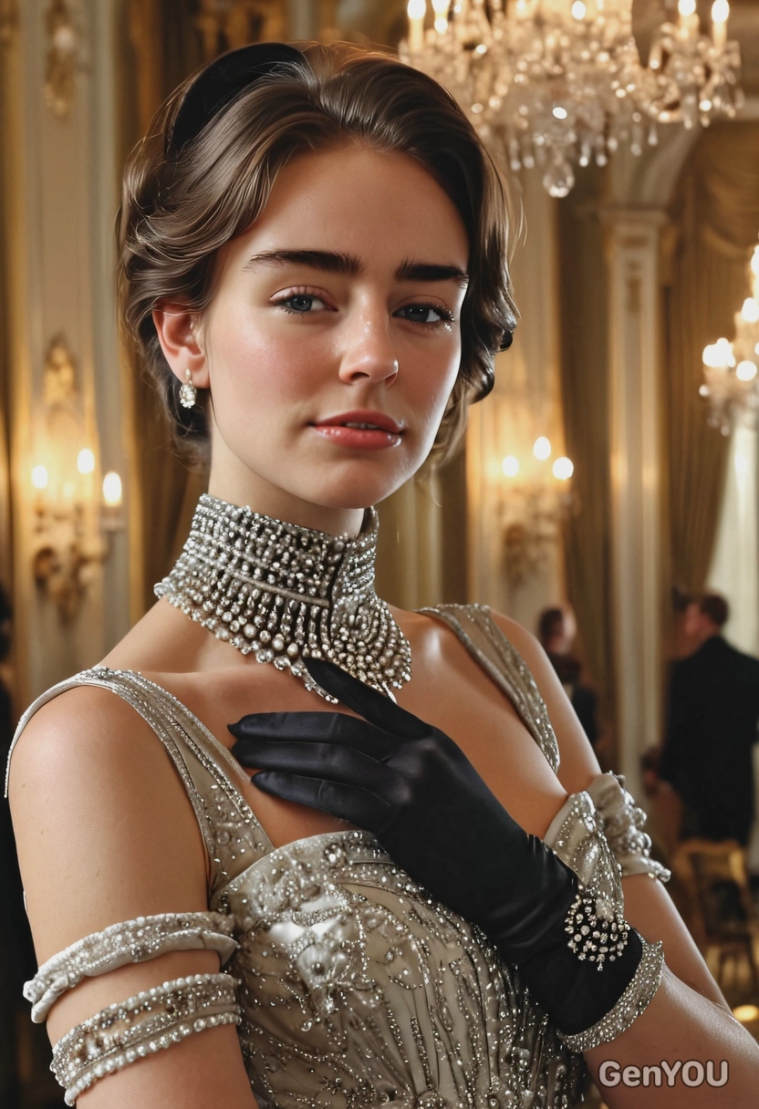 hyperralistic face skin texture details, An American heiress in satin evening gown, opera gloves, diamond choker, Gilded Age mansion with chandeliers, blurry  background, bright lights, long shadows