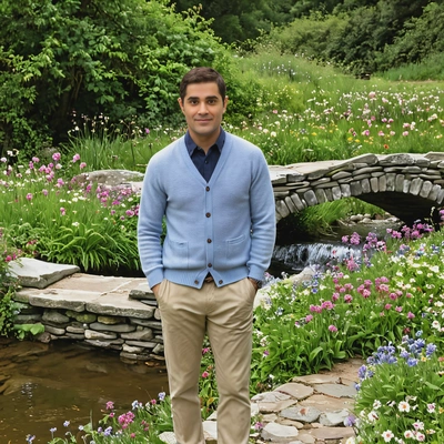 wearing a light cardigan and chinos, standing by a quaint stone bridge over a stream, with wildflowers blooming all around