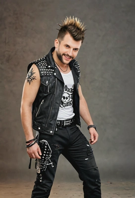 as a rockstar, mohawk, full body image, party blurry background