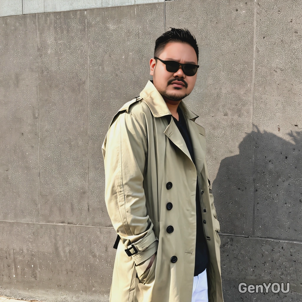 as a Kpop idol, wearing a fashionable oversized trench coat and sunglasses, standing by the airport wall