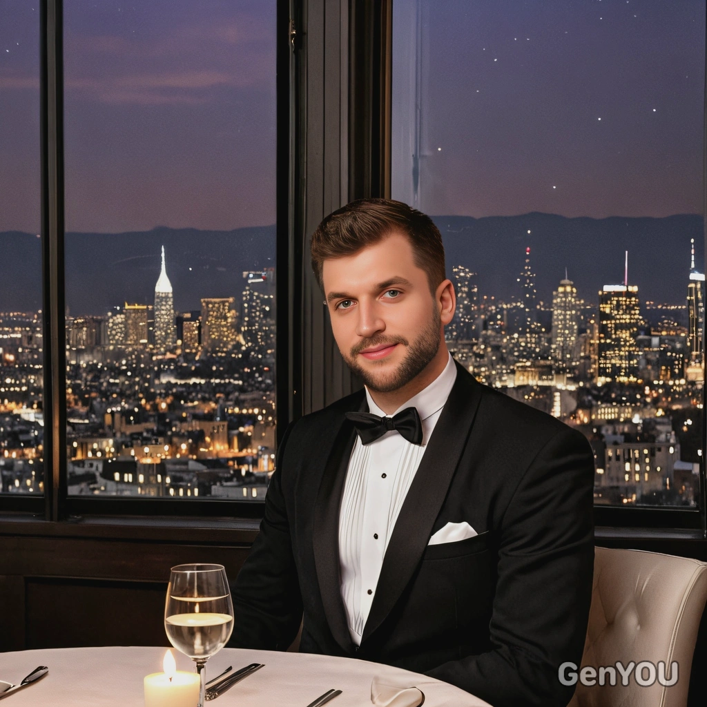 a man in a classic tuxedo, sitting alone at a candlelit dinner table, with soft music playing in the background, gazing out a window at the city lights