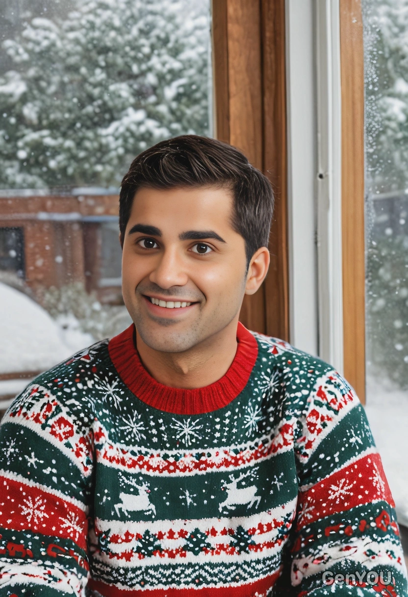 in a cozy festive sweater, gazing out a snow-covered window, looking at viewer 