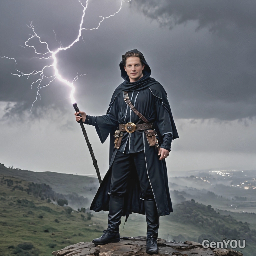 dressed as a dark wizard, standing on a misty hilltop with lightning flashing in the distance