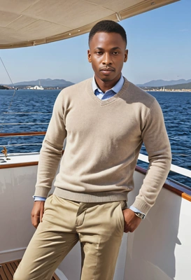 wearing a classic cashmere sweater and tailored chinos, relaxing on a private yacht