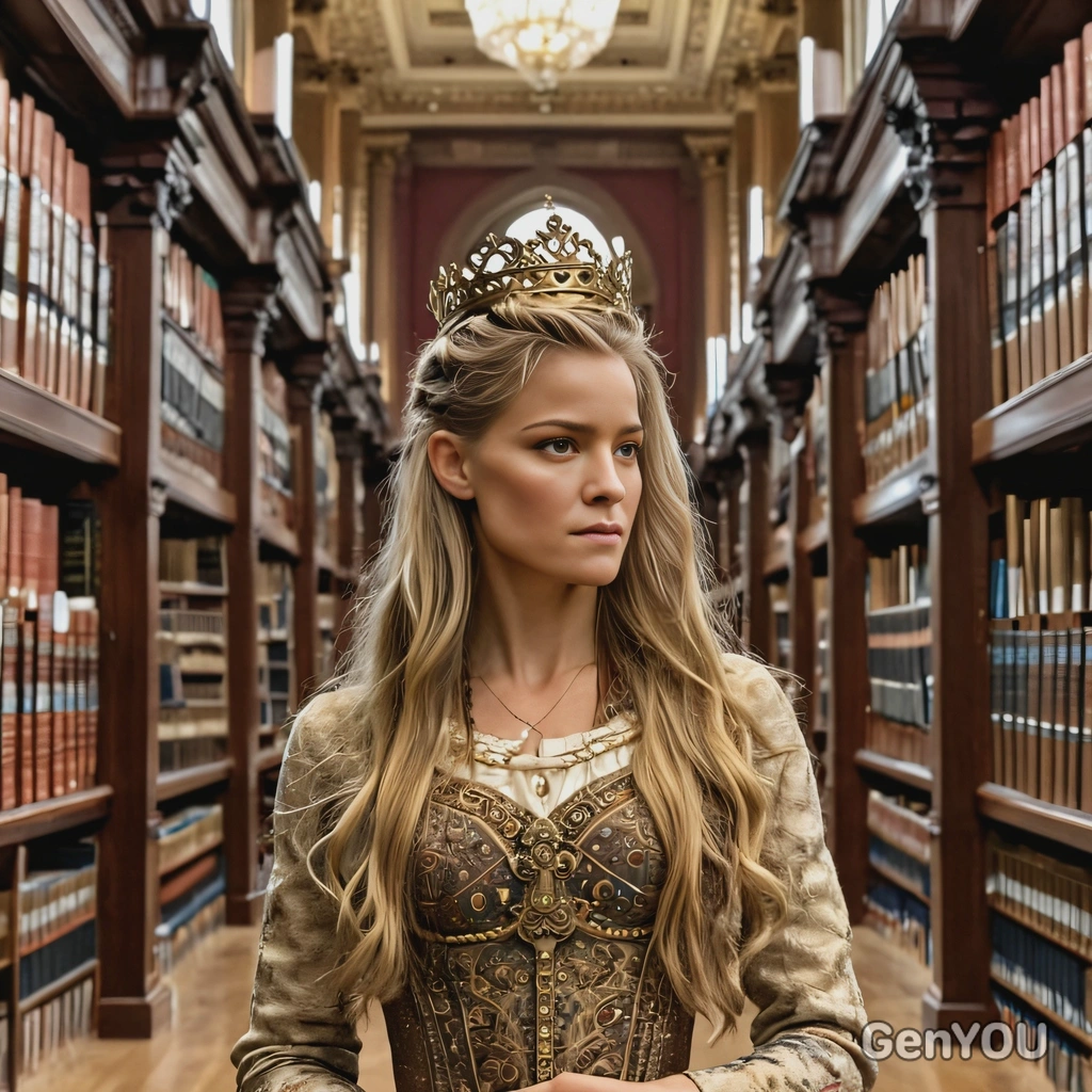 a queen, with long hair, in a massive library