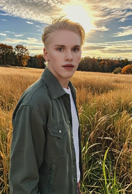 in an open field of tall grass, the autumn sky glowing with the late afternoon sun