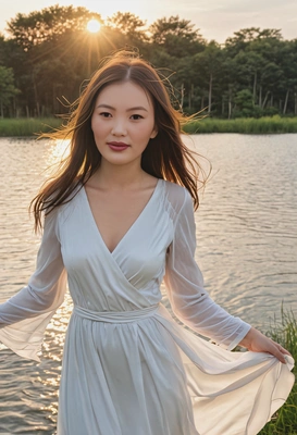 Zendaya-inspired woman in white dress by lake at sunset