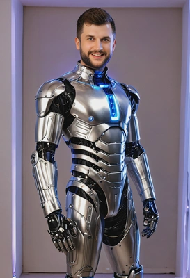 in a robot costume, wearing a metallic suit with lights and wires at a costume party, full body image, costume party setting, lights everywhere