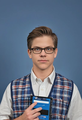 as a 90s tech whiz, in a plain tee, plaid vest, and thick-rimmed glasses, holding floppy disks, against a standard yearbook blue background 