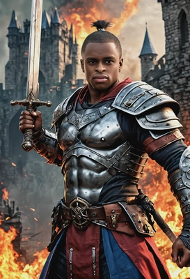as a warlord, muscular, sword in hand, destroyed burning castle on background, close up shot, vivid colors, symmetrical clothing details, 3D video game style, high-quality stylized art