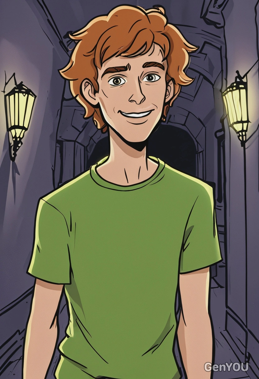 Hand-drawn flat cartoon style, Shaggy from Scooby-Doo, loose playful outlines, spooky flashlight lighting, waist-up portrait, haunted mansion hallway