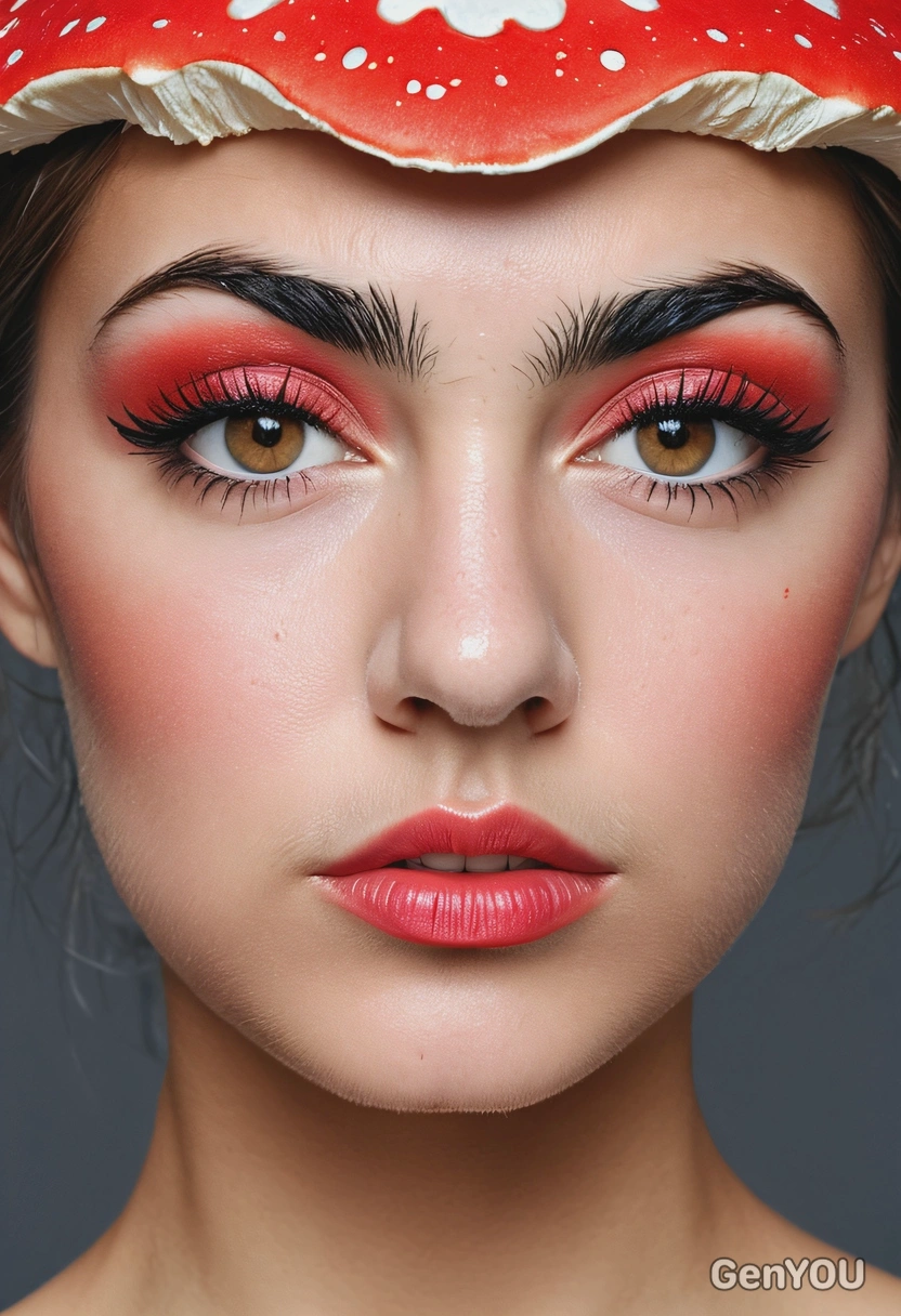 wearing makeup inspired by toadstool, professional magazine photoshoot, symmetrical details