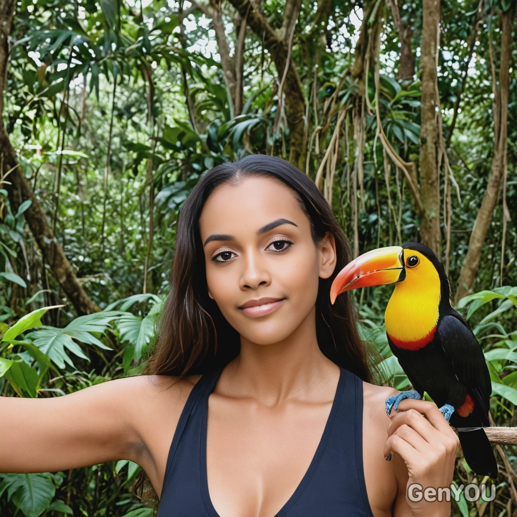 with a toucan in the Amazon rainforest