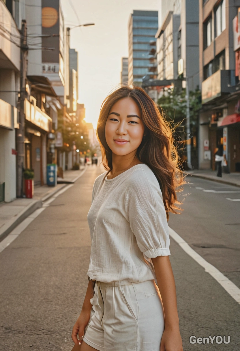 a city dreamer, full-body shot, walking along a quiet street at golden hour, voluminous hair, confident smile, cinematic look, blurred city background with glowing sunset tones, sharp skin texture details