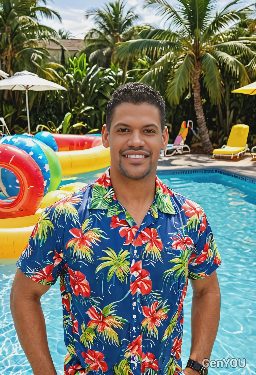 a man in a Hawaiian shirt at a tropical-themed pool party, surrounded by palm trees and inflatable pool toys