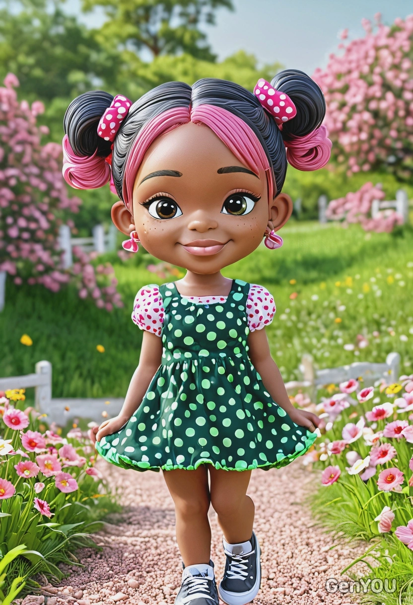 Chibi 3D cartoon style, tiny girl with big green eyes, short pink hair tied in pigtails, wearing a polka-dot dress, cheerful pose, sunny meadow background with colorful flowers