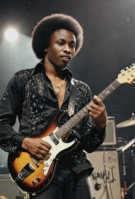 A 1970s rock star, performing with a guitar at a concert