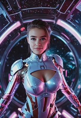 seductive sexy woman with curves in a space ship, looking at the viewer, wearing tiny tempting fitted futuristic suit, zero gravity, bokeh effect, bathed in neon glow, space background, sharp high-quality image