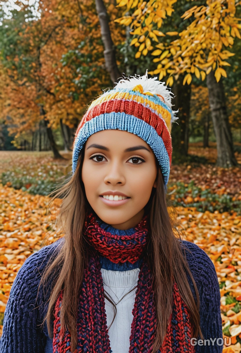in a knitted hat, colorful autumn leaves are falling in the background