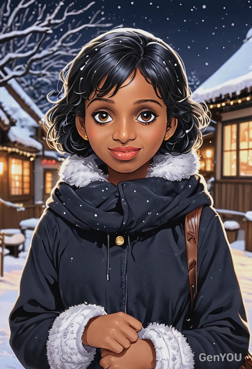 in a picturesque snowy village with festive lights, anime style, big eyes, manga drawing