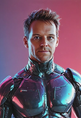 android in a plastic outfit with seductive smile, flirty look, nebula swirl background, half-body portrait, lit by sun rays, anaglyph