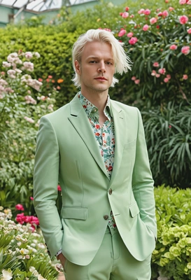 with platinum blonde hair in a loose, oversized pale green suit, exuding edgy high-fashion vibes against an flower garden blurry background