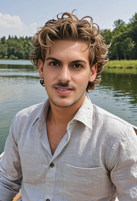 mid-shot, with styled curly hair, wearing a linen shirt, on a small boat with a lake in the background