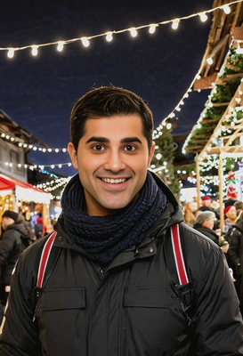 mid-shot, at a winter holiday market at night under festive lights