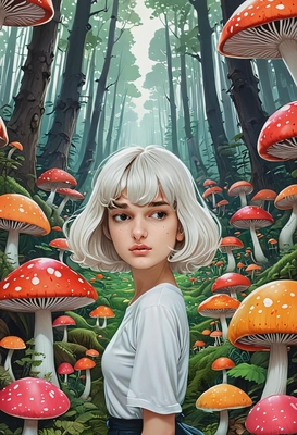 in a forest filled with giant, colorful mushrooms, anime style, big eyes, manga drawing