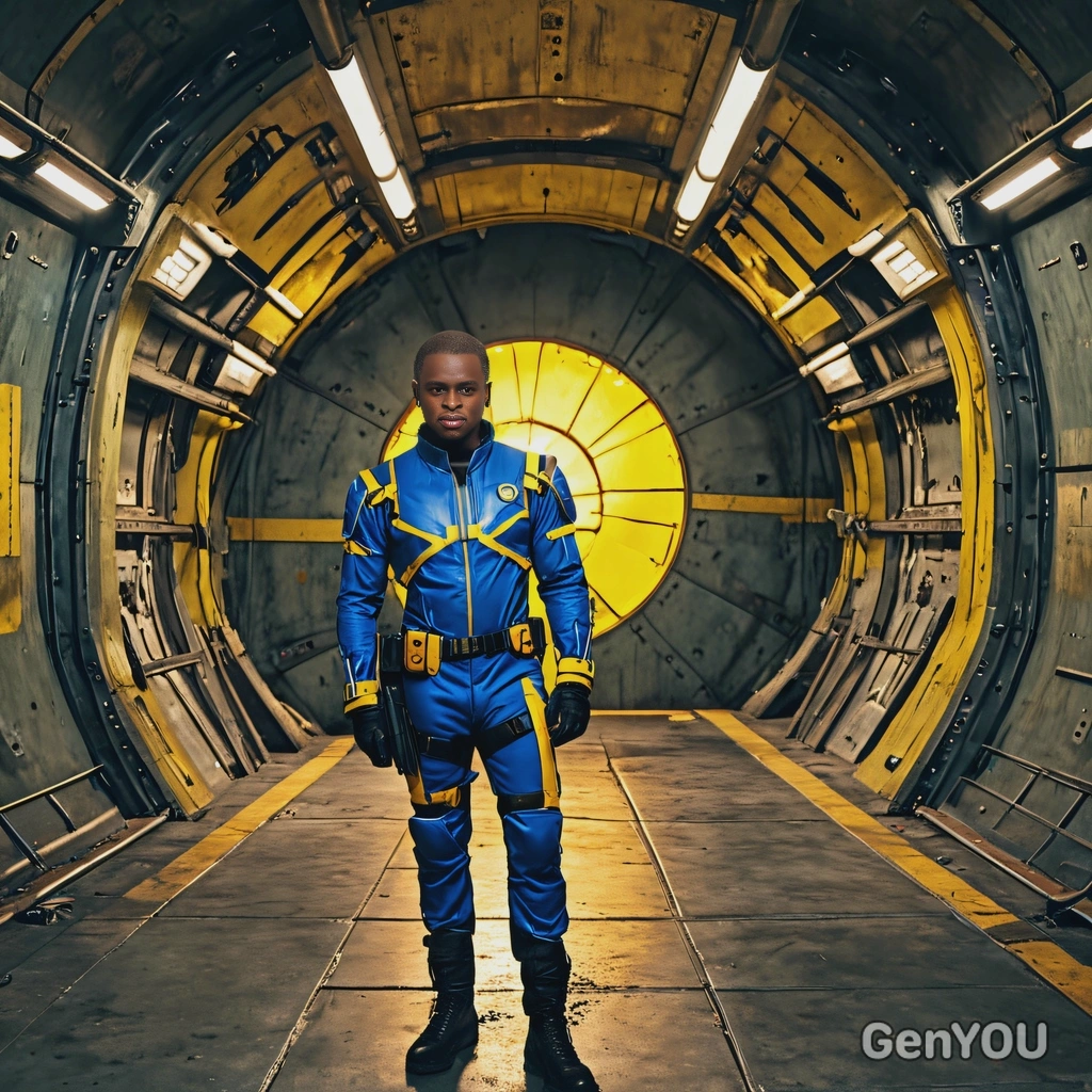 as a cosplayer of post nuclear game, cyberpunk, blue tight leather suit with thin yellow lines, inside a futuristic underground shelter, by a massive round metal door, holding a pistol, looking straight at camera, a shabby rusty aircraft carrier on horizon, bright evening, sun, vivid colors, high-quality cinematographic style