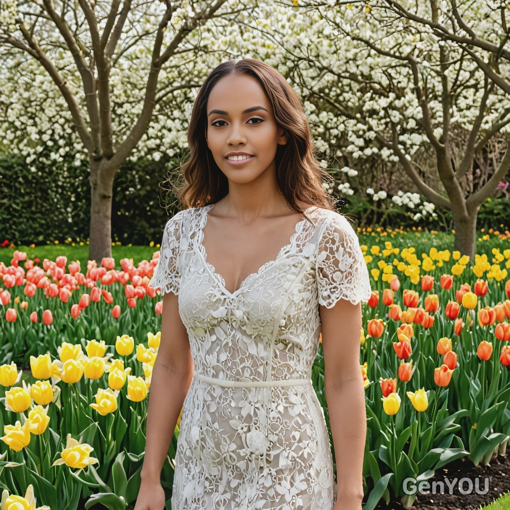 in a soft lace dress, standing in a garden filled with tulips and daffodils, with a gentle smile as the wind catches her hair