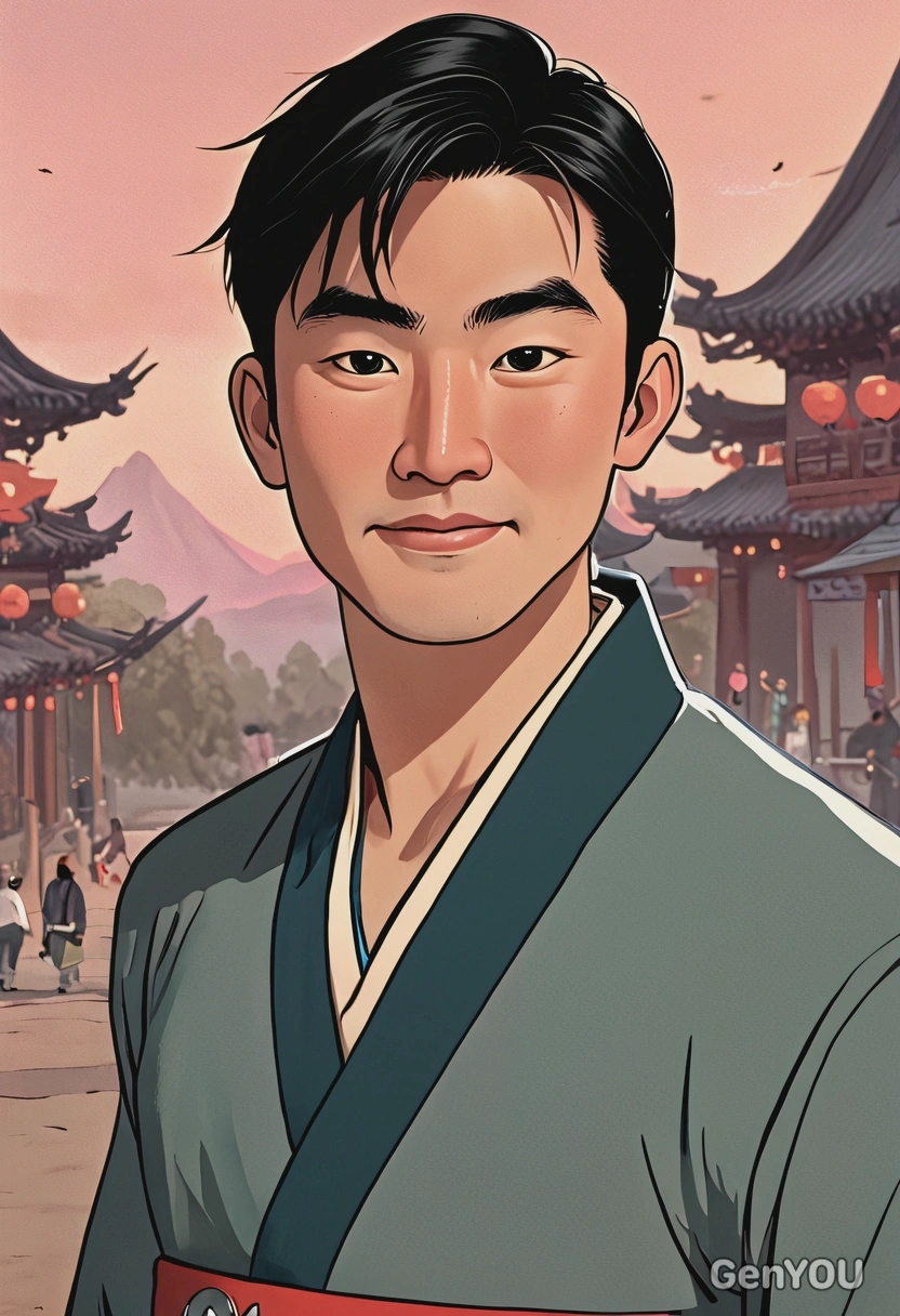 Hand-drawn flat cartoon style, Li Shang from Mulan, oversized cartoon eyes, training field lighting, waist-up portrait, imperial camp background