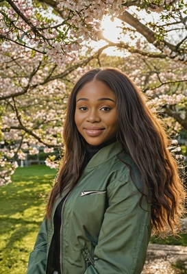 sharp skin texture details, mid-body photo, flight long hair, in a green jacket, standing near a sakura tree, golden hour