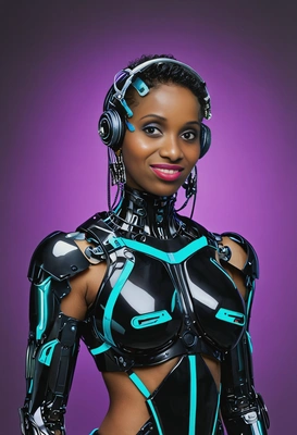 A futuristic fashion model with robotic body part and AR accessories, posing in a neon-soaked photo shoot