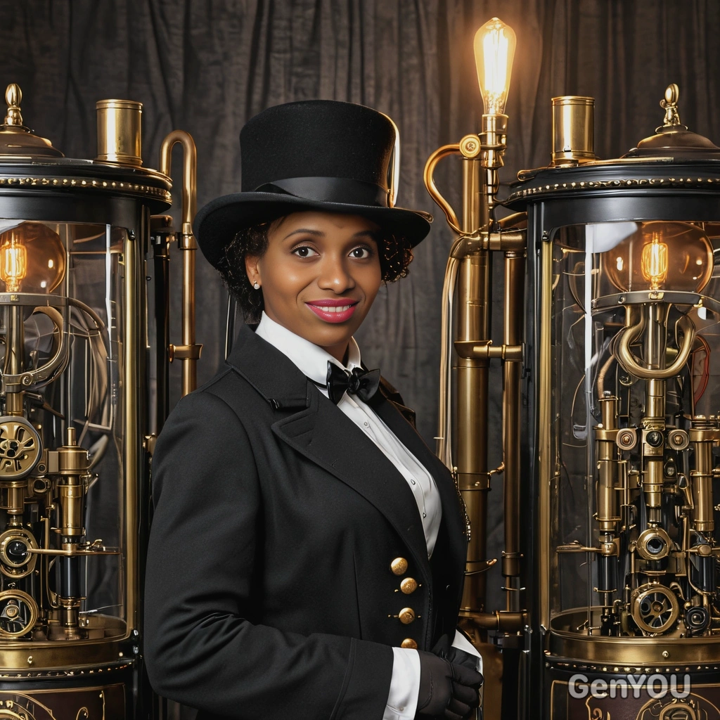as a lady detective from the 1800s, wearing a top hat, monocle, and a detective's coat with intricate brass details, standing beside a mysterious machine with glowing tubes.