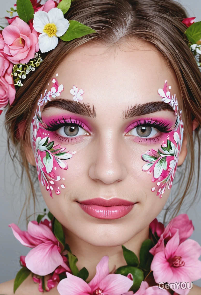 craft a whimsical makeup look with intricate floral patterns and vibrant colors, incorporating petals, leaves, and vines, pink and white