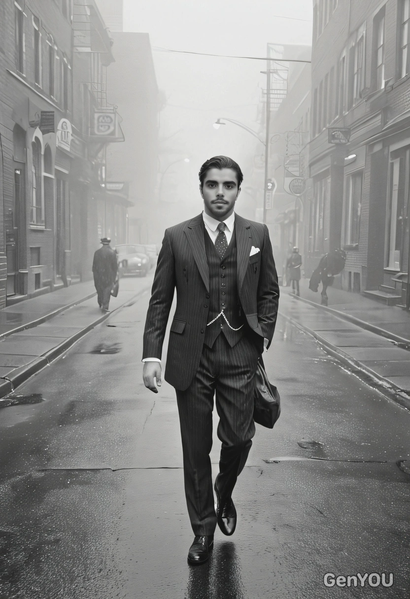 in a 1920s three-piece suit, walking down a foggy street, with a black and white filter