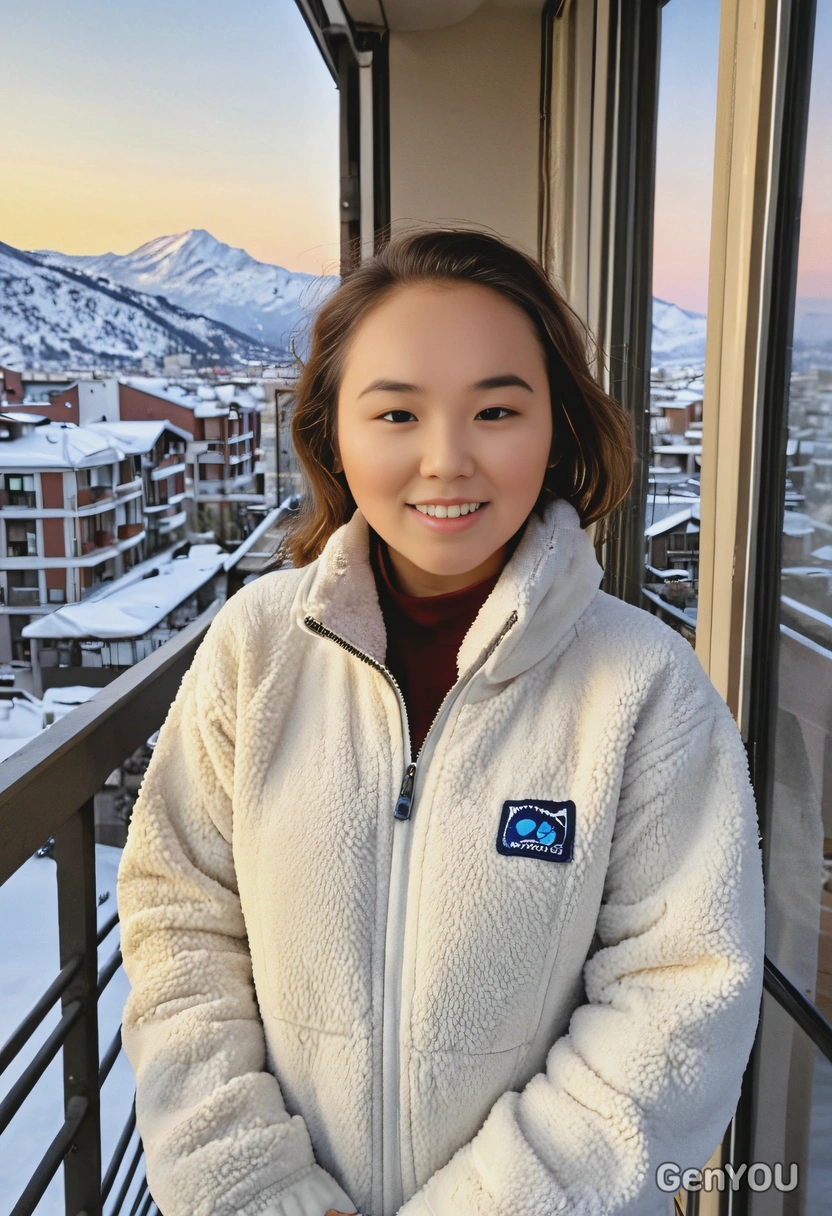 in a fleece jacket at sunrise, smiling, standing on a snowy balcony