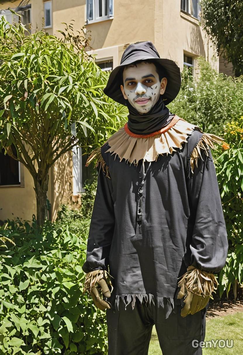 wearing a scarecrow costume, standing in a creepy, overgrown garden with the shadow of a house in the background