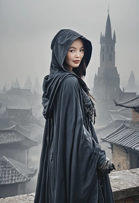 Wearing a mystical hooded cloak, pose as a shadowy assassin, standing on a rooftop overlooking a medieval, fantasy city shrouded in mist