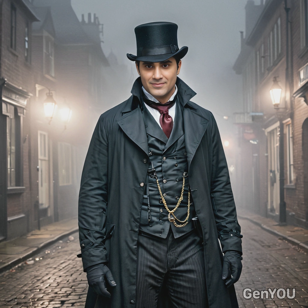 in a Jack the Ripper costume, standing in a foggy Victorian street