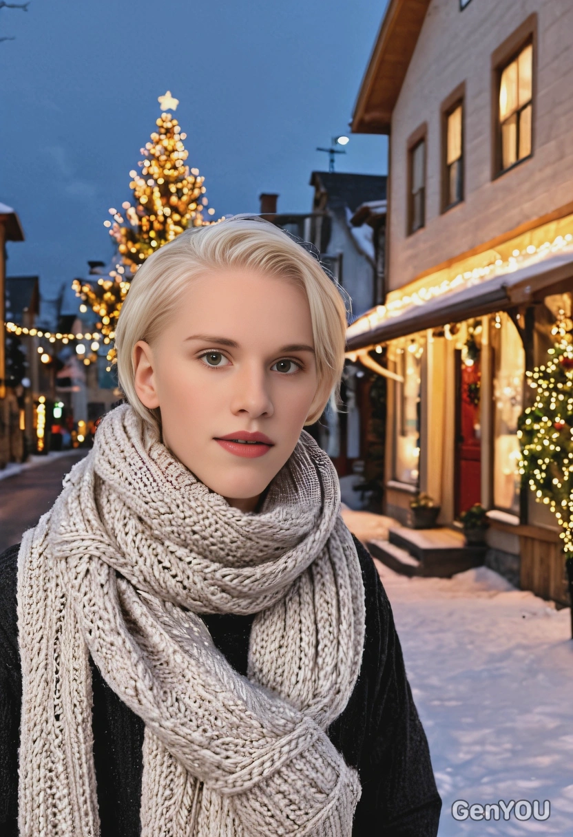 as a solo traveler in a cozy scarf, taking photos of holiday lights and decorations in a charming winter town, half body 
