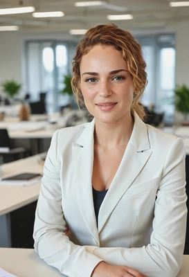 neat business suit, sitting at the office desk, serious look, blurry open-space office background, sharp high-quality, soft shadows