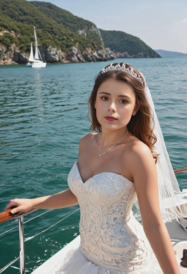 as a bride in a mermaid-style gown, standing on a yacht surrounded by the sea on a sunny day, mid shot photo 