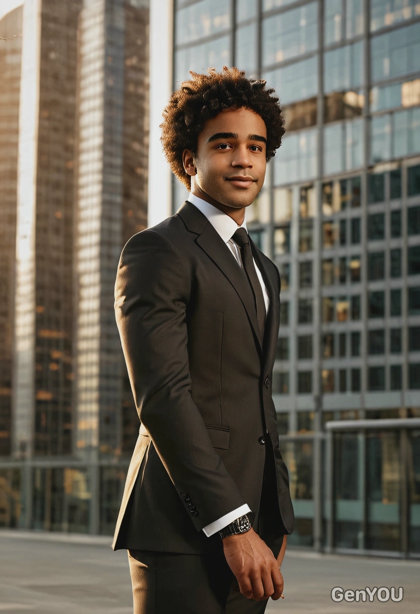 sharp high-quality full-body photo, freckles, afro hair, black office suit,  cool standing, blurry office building background, golden hour, natural lights, long shadows