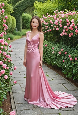 in a luxurious pink silk gown, in a private pathway lined with roses