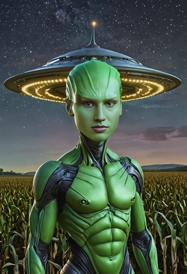 as a massive green alien, smiling, looking directly at you, standing near a UFO with glowing lights behind, night, corn field, symmetrical clothing details, cartoon style, high-quality stylized art