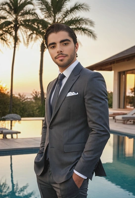 n a tailored suit, standing by the pool of a modern villa with the sunset reflecting on the water, blurred background, soft focus