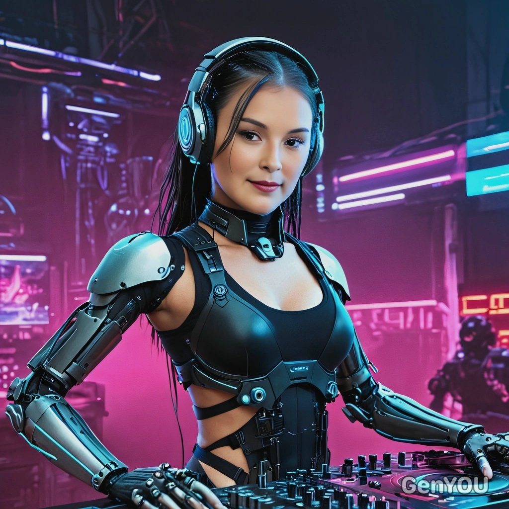 A cyberpunk DJ with robotic arm, cyberware, neon lights on the background 